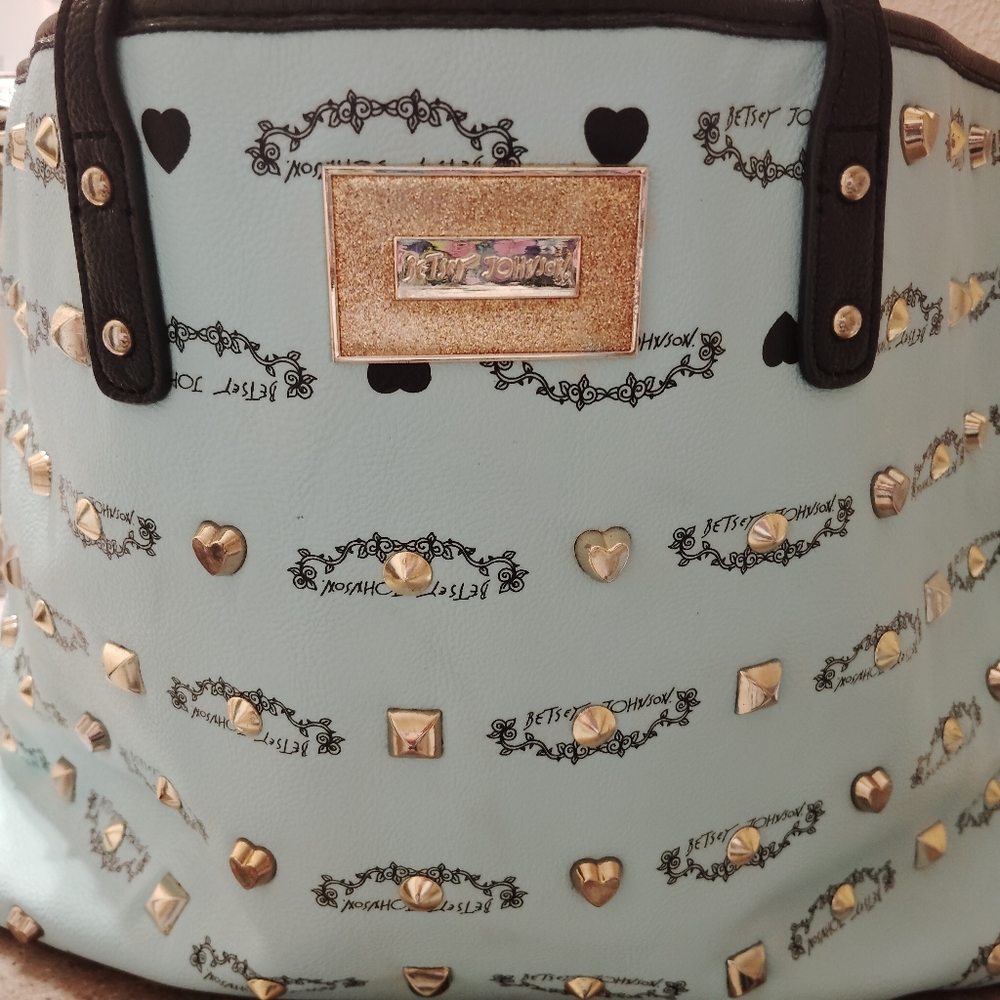 BETSEY JOHNSON AQUA TOTE BAG WITH GOLD METAL ACCENTS